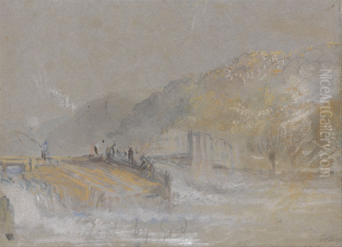 River Landscape with Anglers Fishing From a Weir Oil Painting by J. M. W. Turner