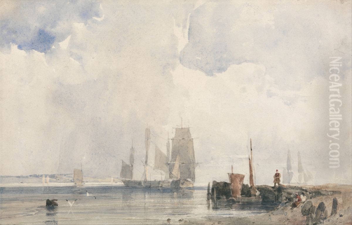 Shipping in an Estuary, Probably near Quilleboeuf Oil Painting by Richard Parkes Bonington