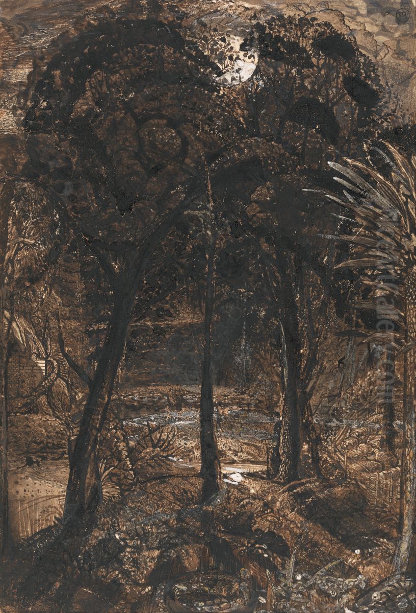 A Moonlit Scene with a Winding River Oil Painting by Samuel Palmer