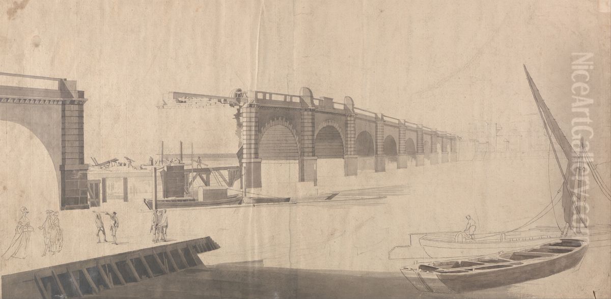 Westminster Bridge under Construction Oil Painting by Samuel Scott