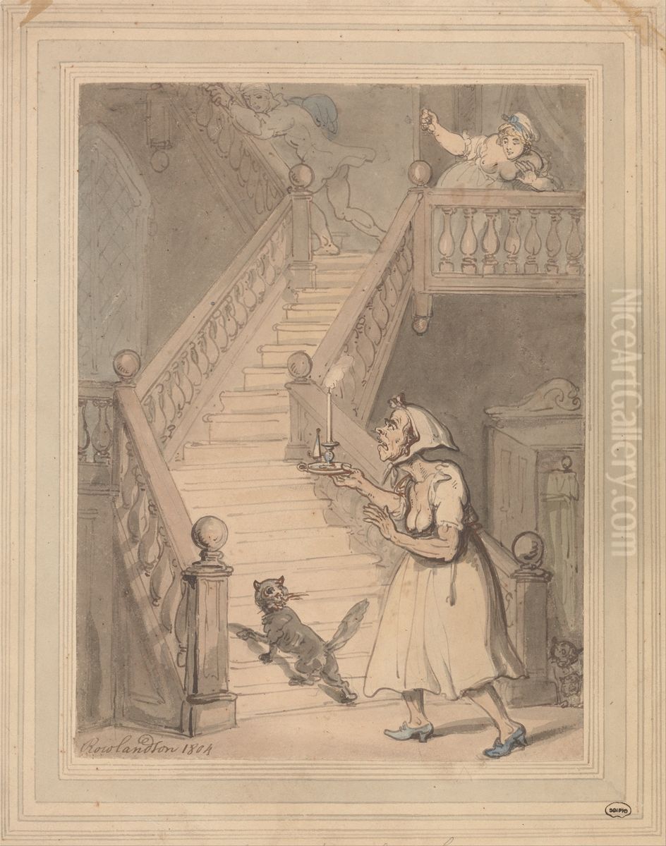 A Maiden Aunt Smelling Fire Oil Painting by Thomas Rowlandson