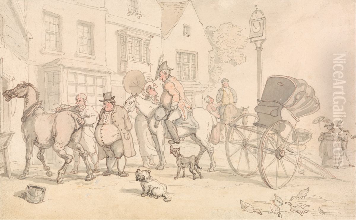 Scene outside the Half-Moon Inn Oil Painting by Thomas Rowlandson