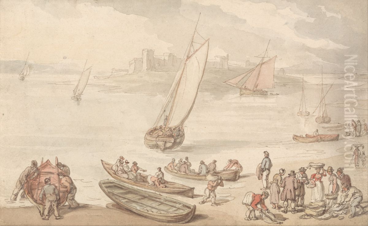 Selling Fish on a Beach Oil Painting by Thomas Rowlandson