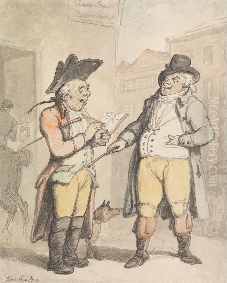 The Bookmaker and his Client outside the Ram Inn, Newmarket Oil Painting by Thomas Rowlandson