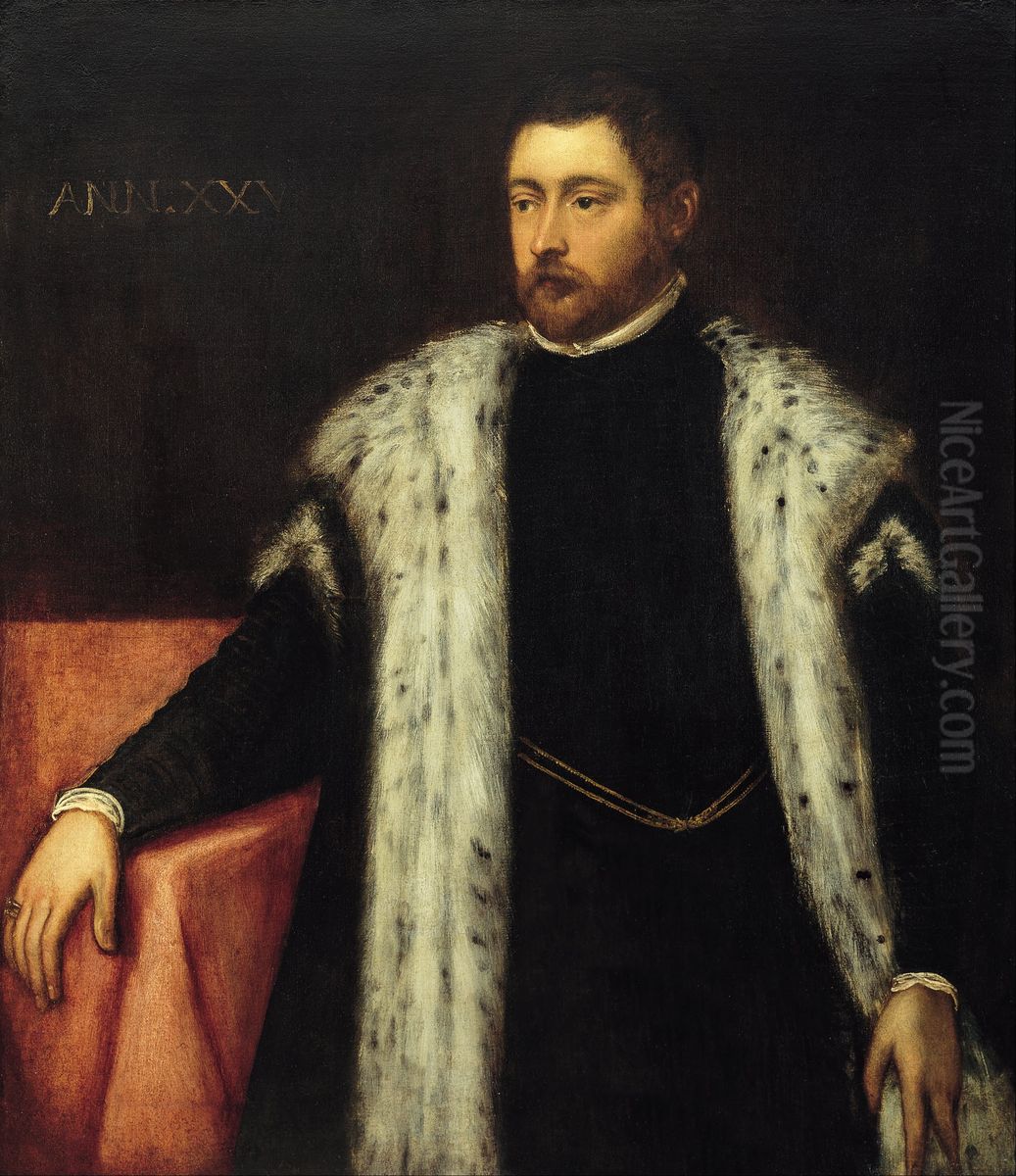 Twenty-five year old Youth with Fur-lined Coat Oil Painting by Jacopo Tintoretto
