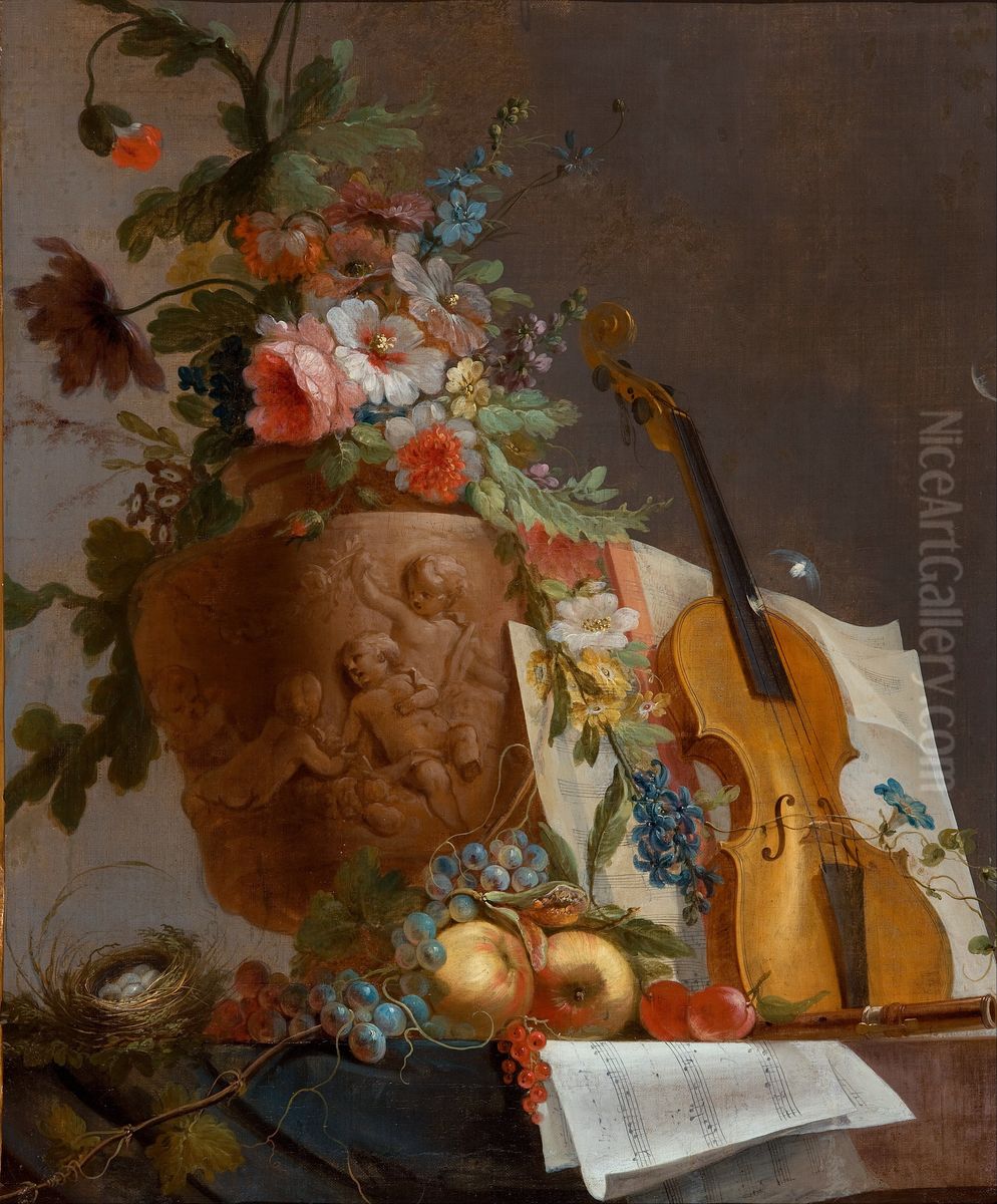 Still life with flowers and a violin Oil Painting by Jean-Jacques Bachelier
