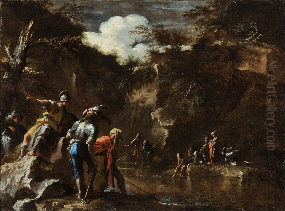 Thales causing the river to flow on both sides of the Lydian army Oil Painting by Salvator Rosa