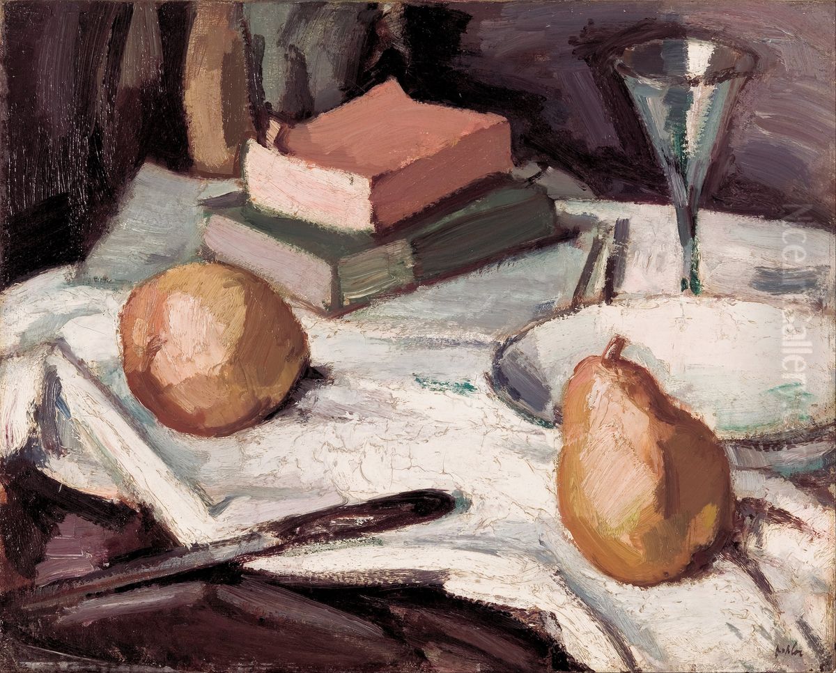 Still life with pears and wineglass Oil Painting by Samuel Peploe