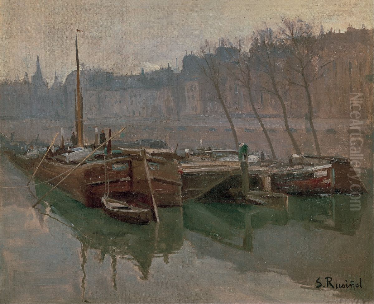 Boats on the Seine Oil Painting by Santiago Rusinol i Prats