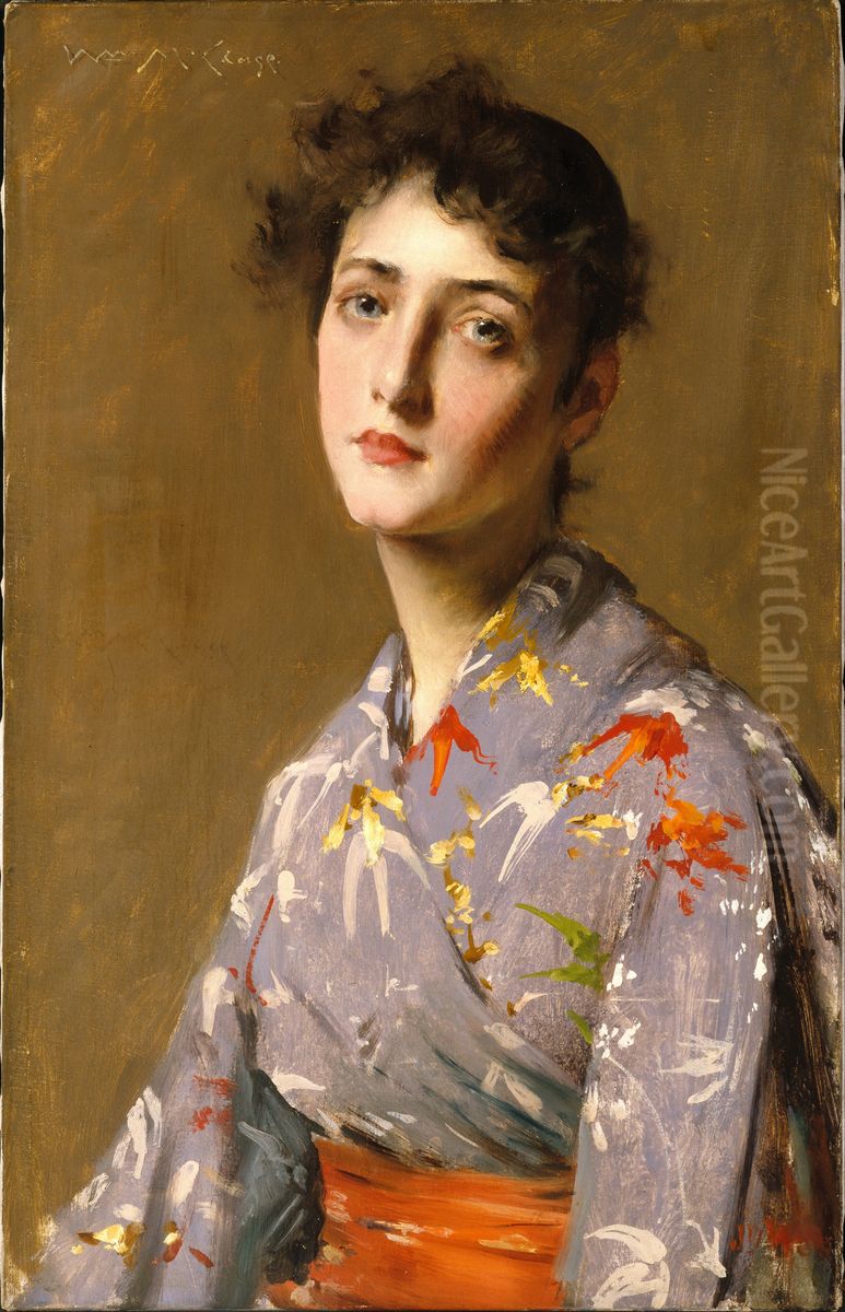 Girl in a Japanese Costume Oil Painting by William Merritt Chase