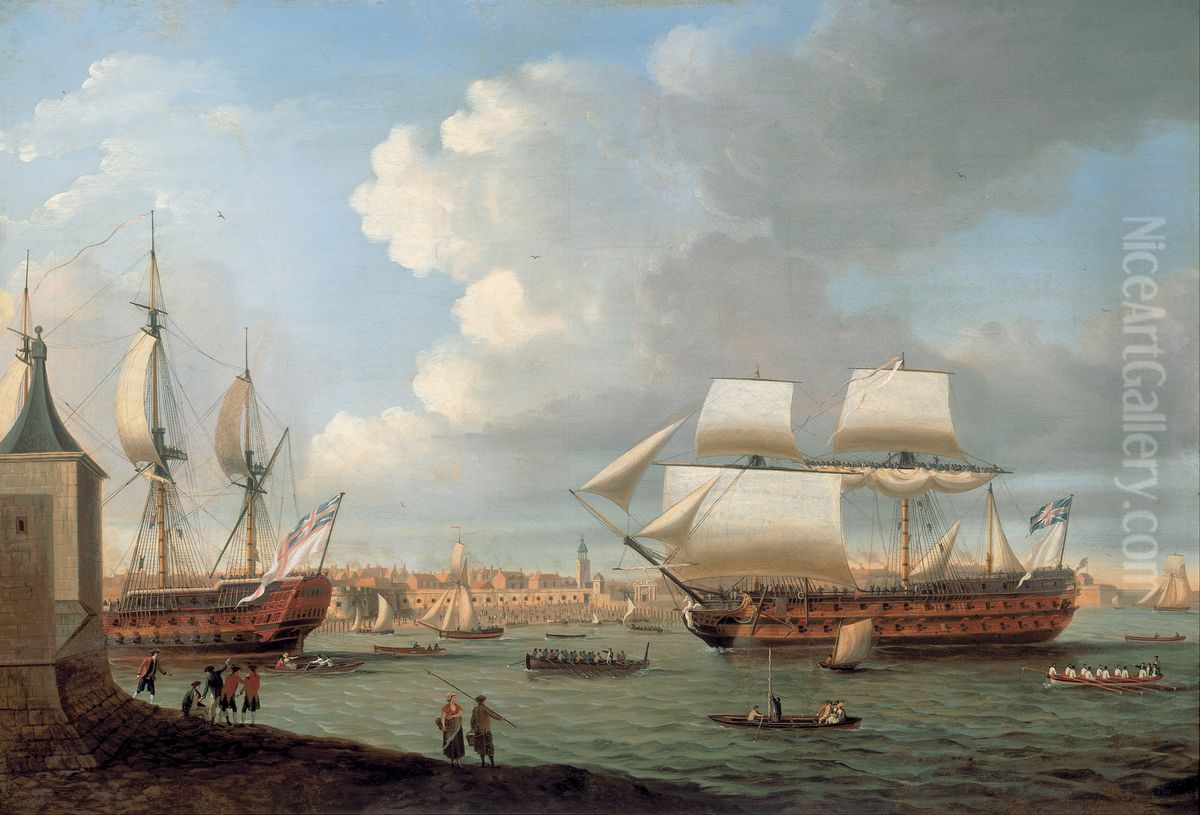 Foudroyant and Pegase entering Portsmouth Harbour, 1782 Oil Painting by Dominic Serres