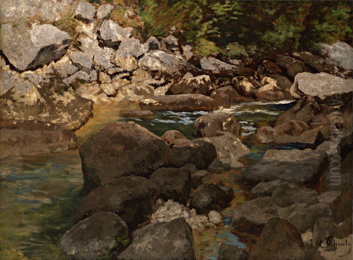 Mountain Stream with Boulders Oil Painting by Carl Schuch