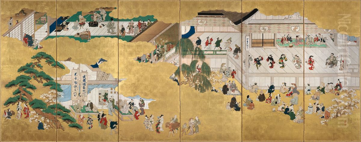 Scenes from the Nakamura Kabuki Theater Oil Painting by Hishikawa Moronobu