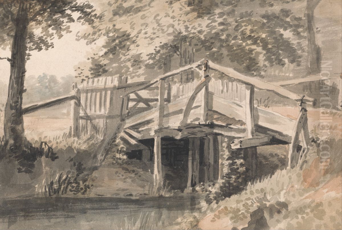 Stream and Wooden Bridge Oil Painting by Paul Sandby