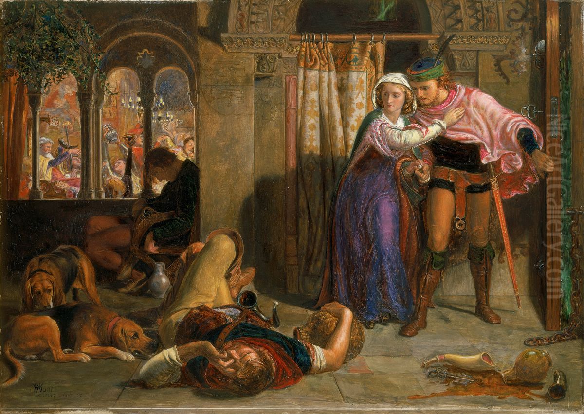 The flight of Madeline and Porphyro during the drunkenness attending the revelry (The Eve of St. Agnes) Oil Painting by William Holman Hunt