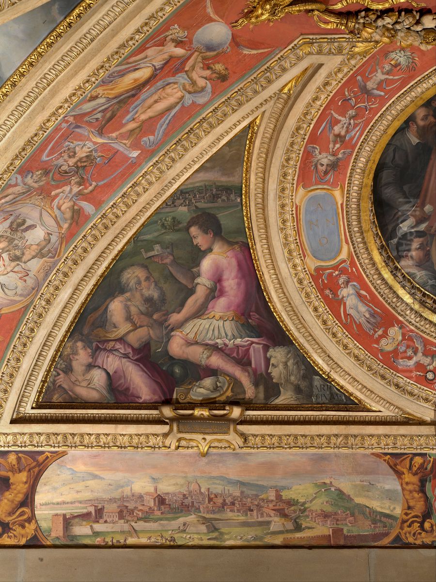 Allegory of Arezzo;  to the bottom, view of Florence Oil Painting by Giorgio Vasari