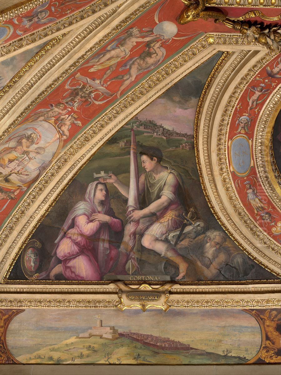 Allegory of Cortona; to the bottom, view of Montecarlo Oil Painting by Giorgio Vasari