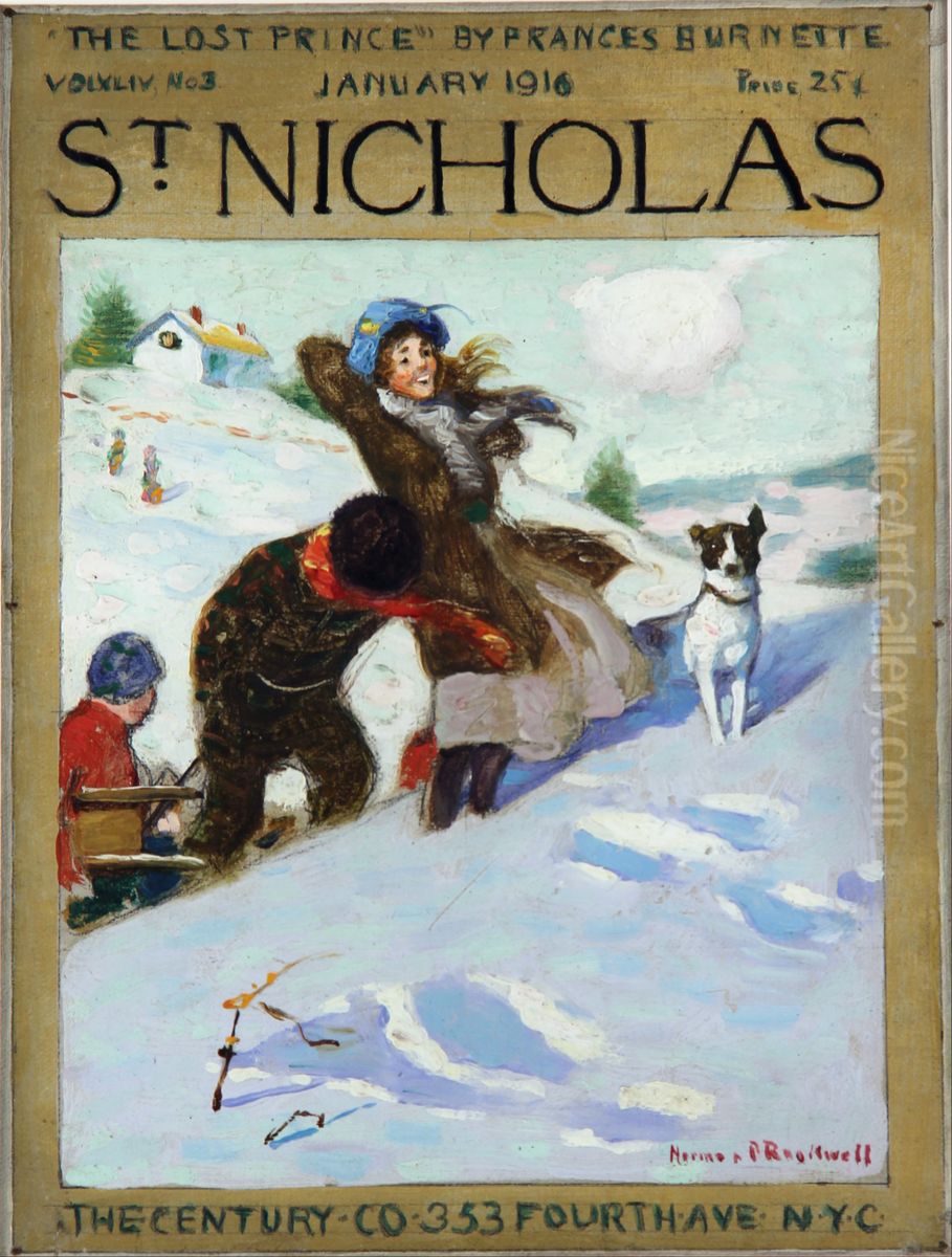 Girl in Snow With Dog Oil Painting by Norman Rockwell