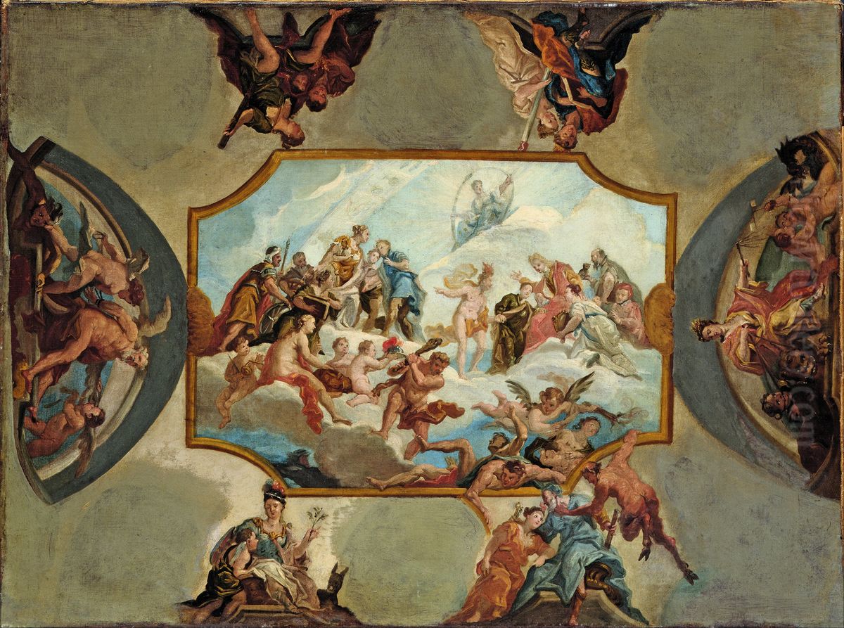 Reverence to Elector Johann Wilhelm von der Pfalz - Design for a Ceiling Painting for Bensberg Castle Oil Painting by Antonio Bellucci