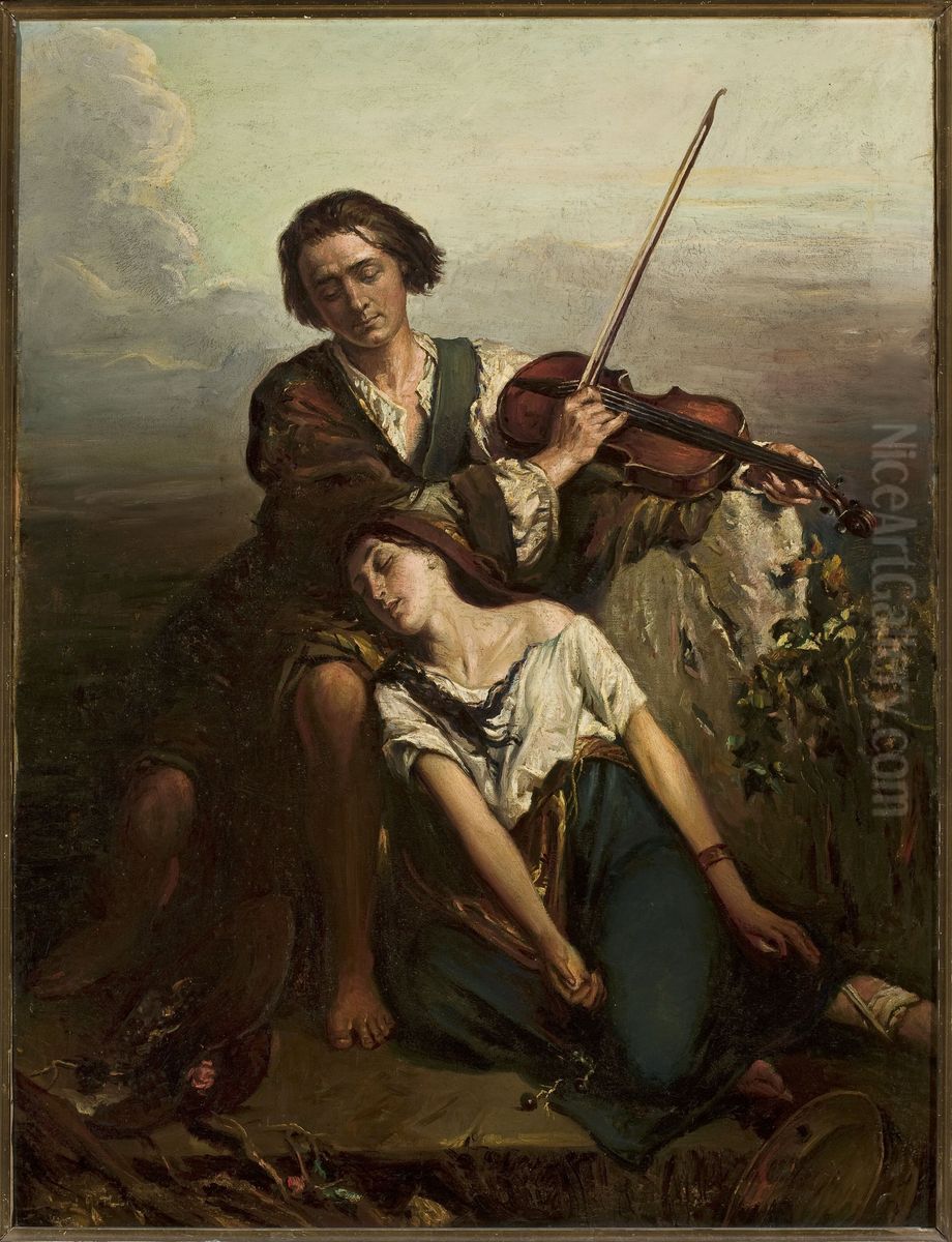 Fiddler and a Gypsy woman (Consolation) Oil Painting by Louis Gallait