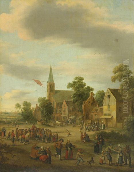 Village street. Red letter day Oil Painting by Joost Cornelisz Droochsloot