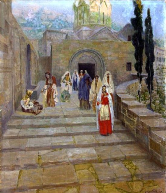 Women Leaving the Church at Ani Oil Painting by Vardges Sureniants