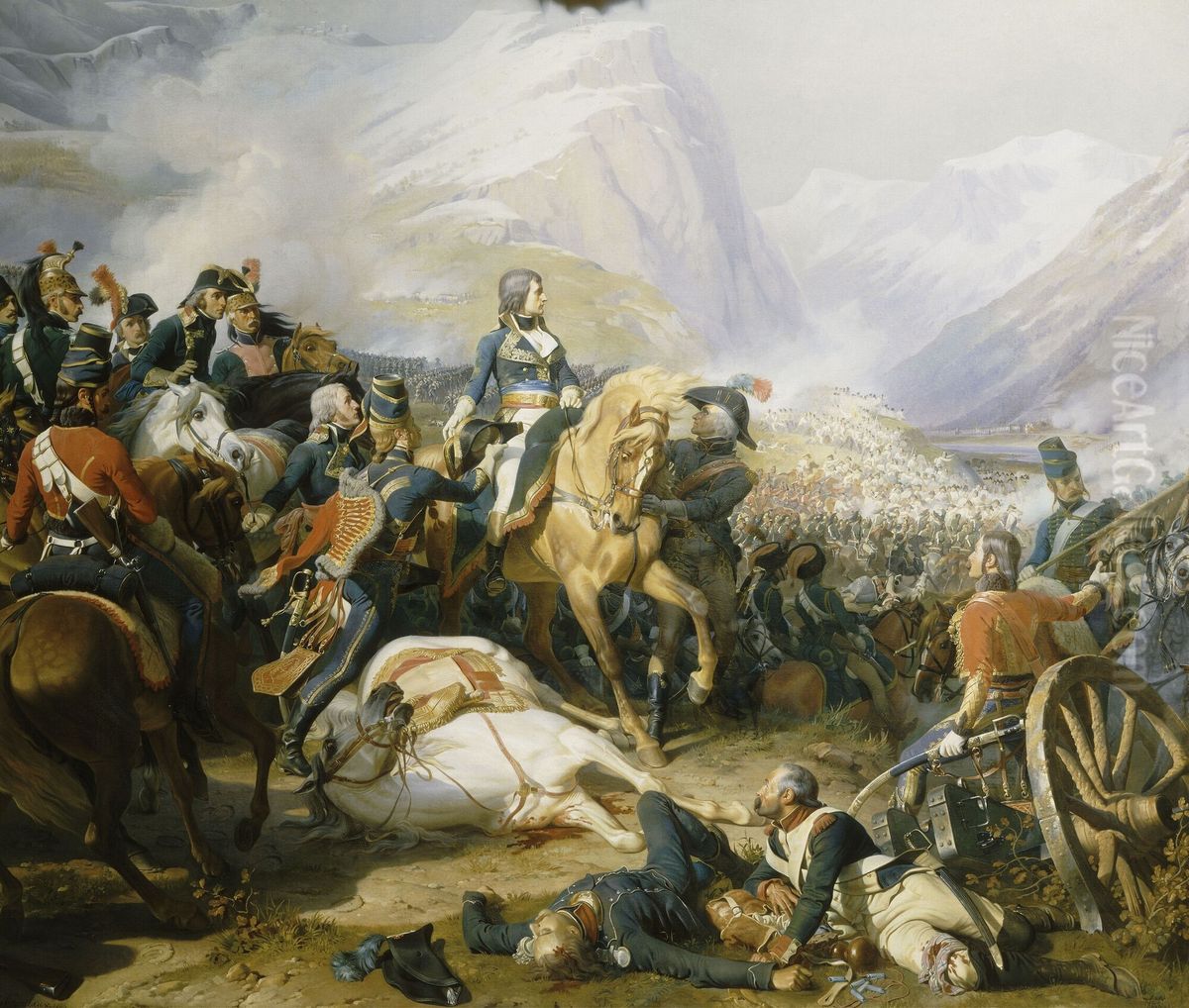 Bataille gagnee par le General Bonaparte le 14 Janvier 1797. Victoire de Bonaparte et de Massena sur les Autrichiens en Venetie, sur l'Adige. Cette victoire fut suivie peu apres de la capitulation de Mantoue. Oil Painting by Henri Felix Emmanuel Philippoteaux