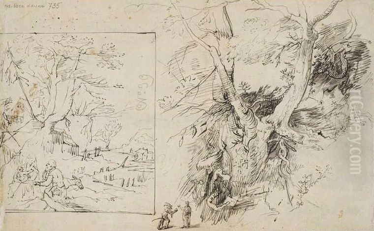 Rest on the flight into Egypt and a study of trees with Temptation of Christ. Oil Painting by Paulus Van Vianen