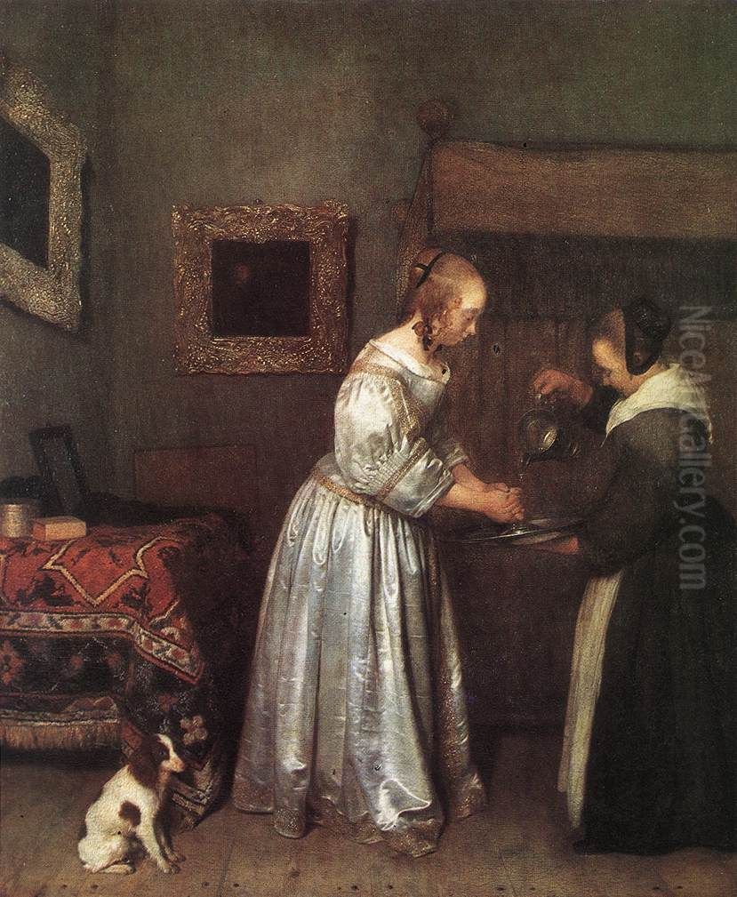 A Woman Washing Her Hands Oil Painting by Gerard Ter Borch