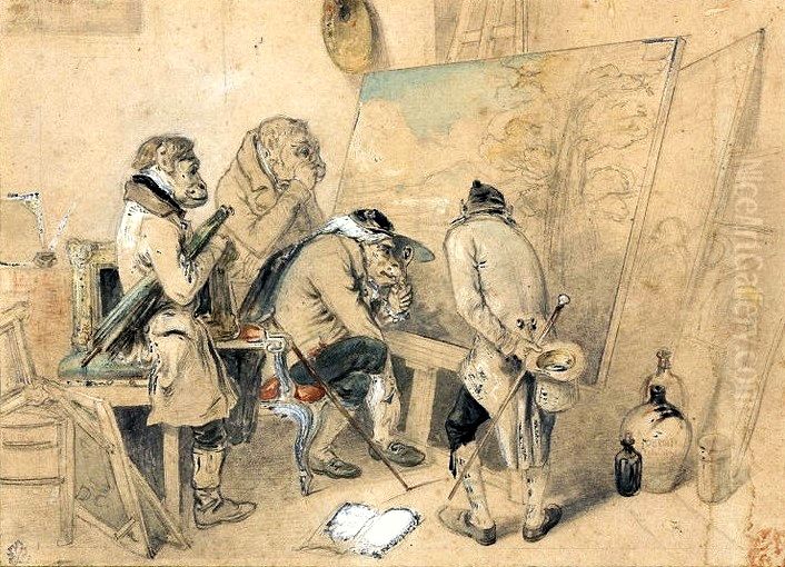 Experts in the painter's atelier (Ape-men examining a painting)Francais:Experts dans l'atelier du peintre (Hommes-singes examinant un tableau)Polski:Rzeczoznawcy w pracowni malarza (Malpoludy badajace obraz) Oil Painting by Alexandre-Gabriel Decamps