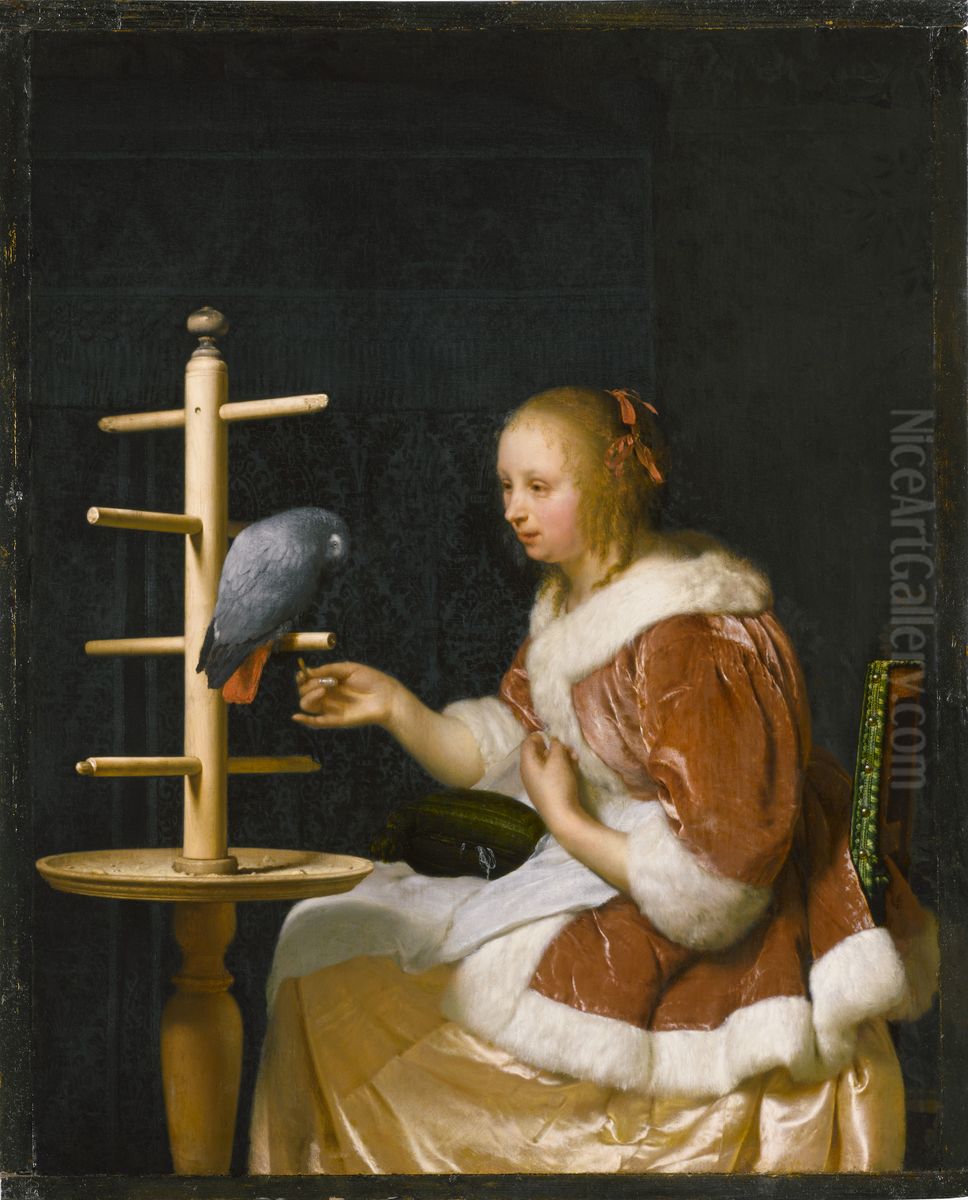 Young Woman Feeding a Parrot Oil Painting by Frans van Mieris