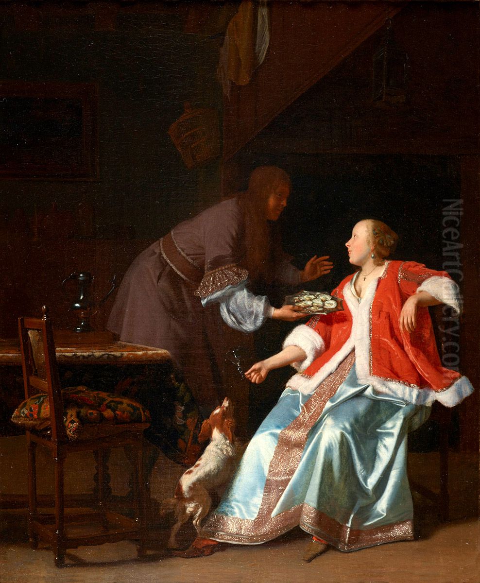Young man offering oysters to a young woman Oil Painting by Jacob Ochtervelt