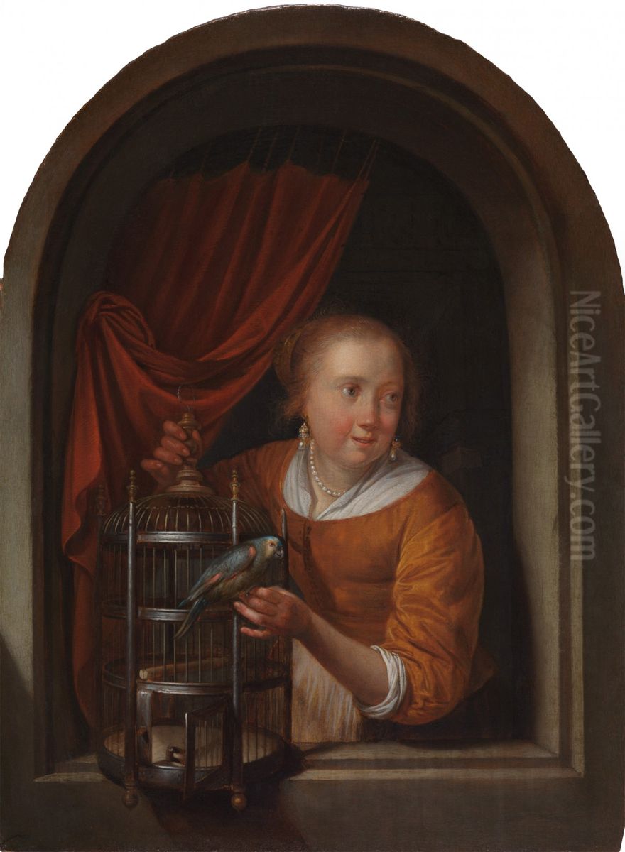 La Cage ouverte Oil Painting by Gerrit Dou