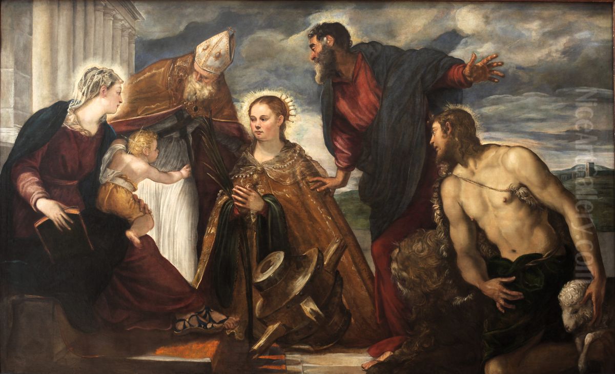 La Vierge et l'Enfant avec sainte Catherine, saint Augustin, saint Marc et saint Jean Baptiste Oil Painting by Jacopo Tintoretto