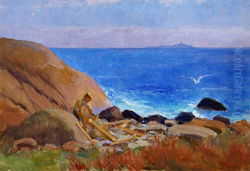 Boy Building a Raft Oil Painting by Venny Soldan-Brofeldt