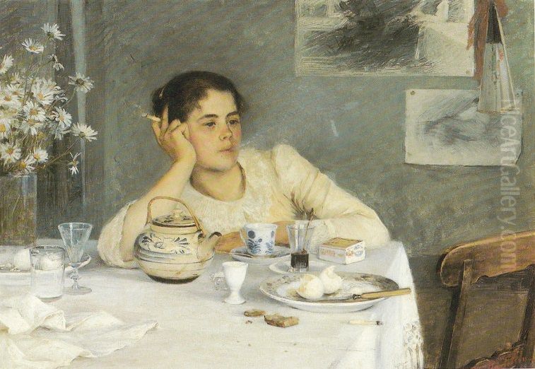 Paattynyt aamiainen (Teepoydan aaressa) Oil Painting by Elin Danielson-Gambogi