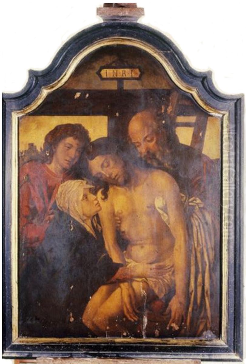 The Descent of The Cross. With the Virgin, St. John and Joseph of Arimathea. Jesus, in the center, is shown to below the knees. Oil Painting by Rogier van der Weyden