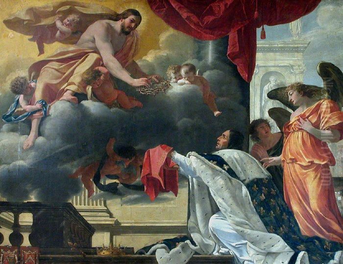Saint Louis recevant la couronne d'epines des mains du Christ apparaissant a lui Oil Painting by Simon Vouet
