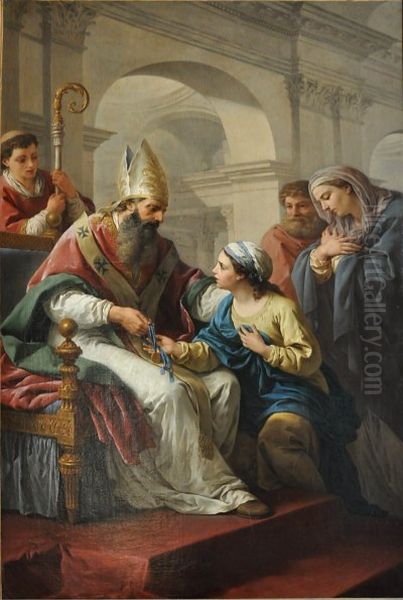 Saint Germain l'Auxerrois giving Saint Genevieve a medaille Oil Painting by Louis-Jean-Francois Lagrenee