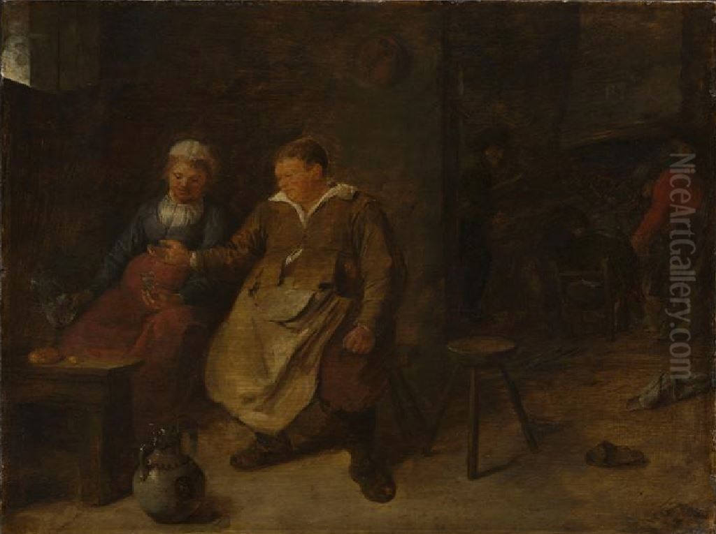 Couple of guests drinking wine Oil Painting by Adriaen Brouwer