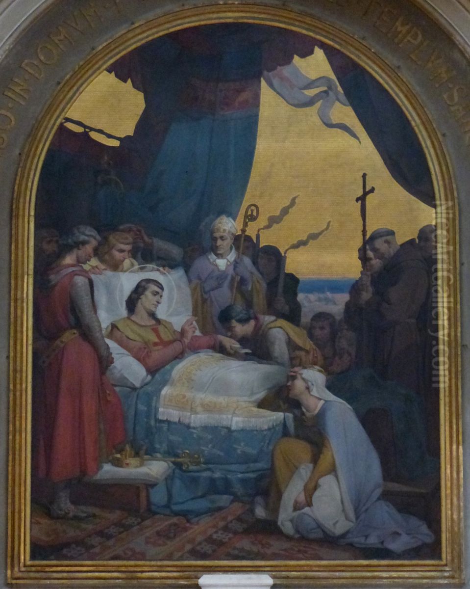 dying Saint Louis handing over his powers to his son Philippe Oil Painting by Melchior Doze