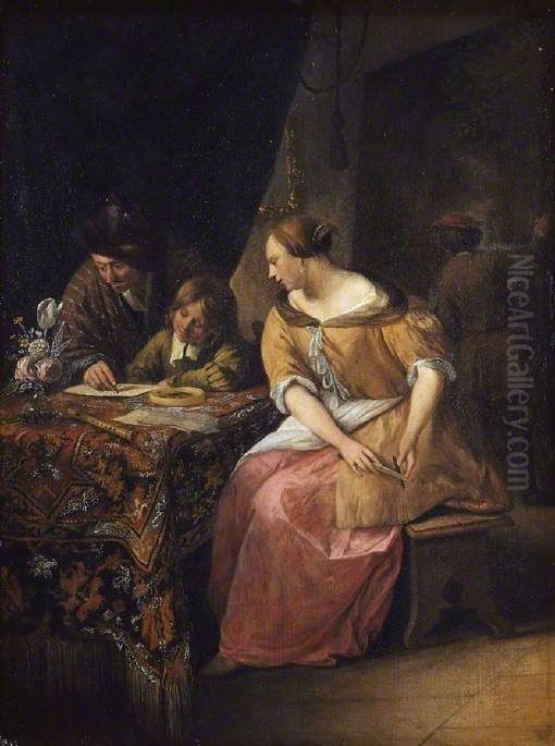 Interior with a Painter and His Family) Oil Painting by Jan Steen