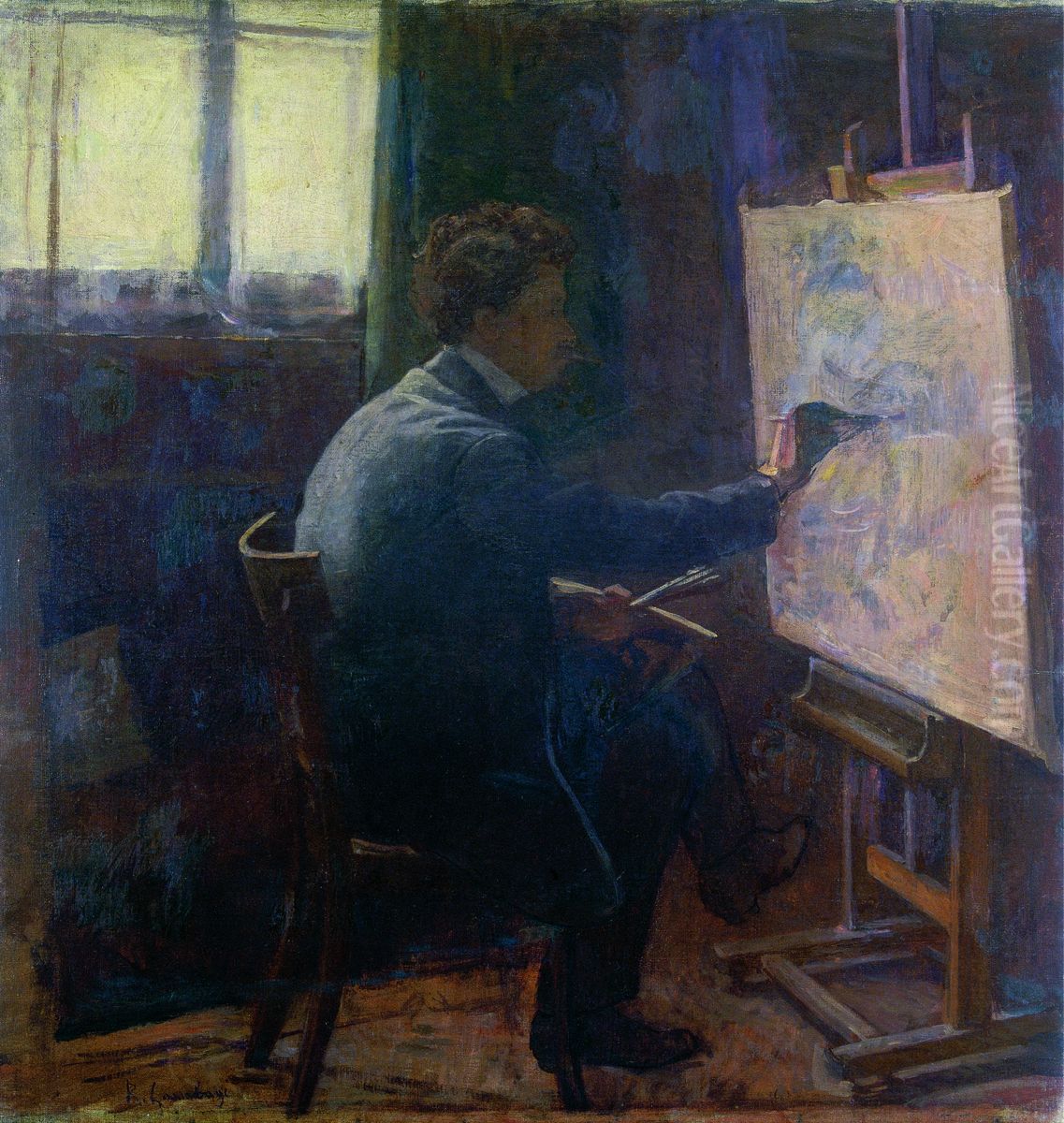 Sjalvportratt med staffli Oil Painting by Raffaello Gambogi