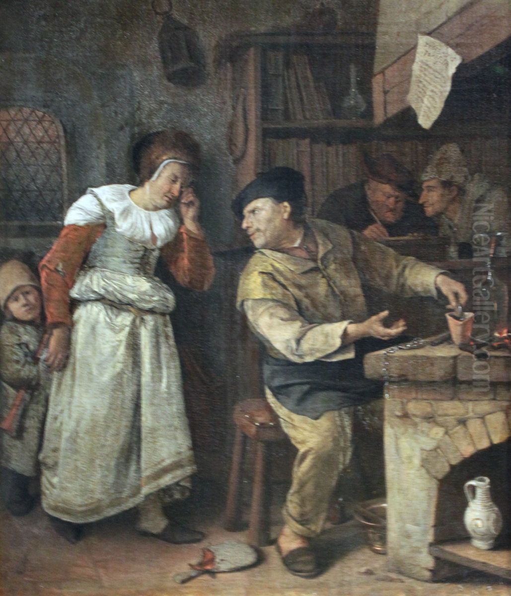 A Goldsmith Melting Down a Woman's Jewellery in the Presence of a Notary, The Alchemist Oil Painting by Jan Steen