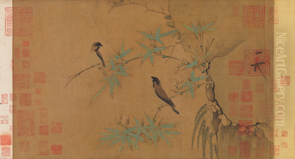 bei song   hui zong   zhu qin tu   juan Oil Painting by Emperor Huizong of Song