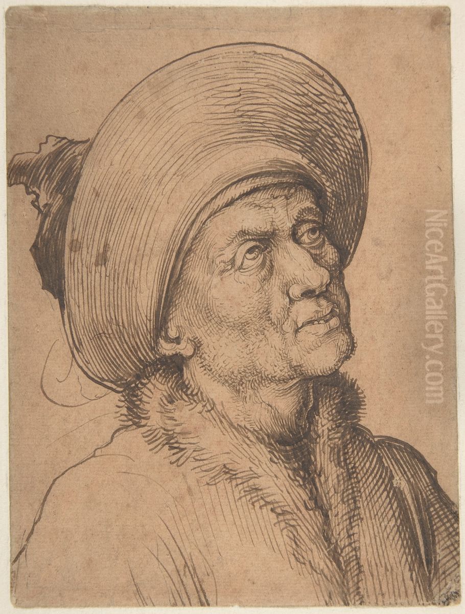 Bust of a Man in a Hat Gazing Upward Oil Painting by Martin Schongauer