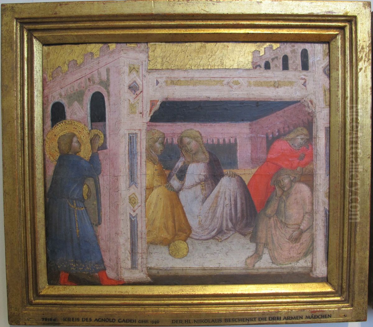 Stories of St. Nicholas. Saint Nicholas presenting Gifts to Three Pool girls Oil Painting by Agnolo Gaddi