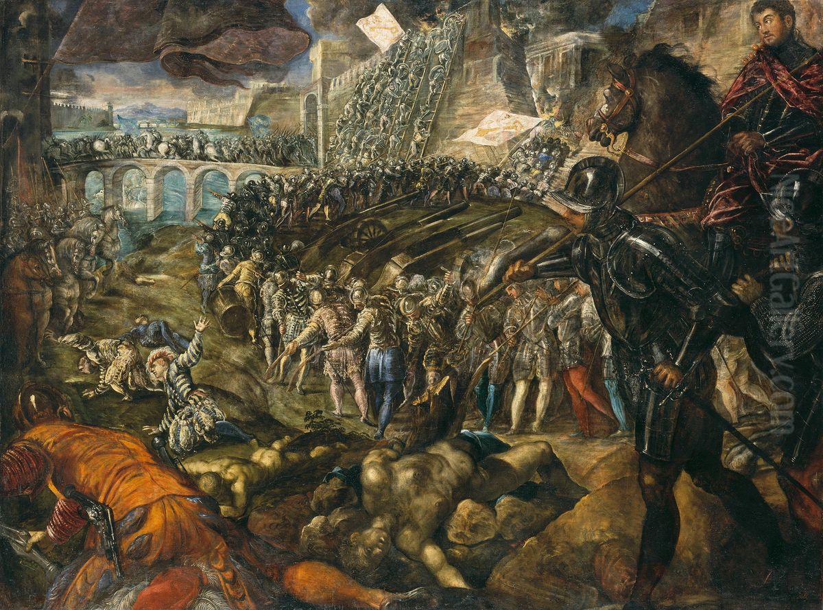 Frederic II conquiert Parme en 1521.Tableau du Tintoret, 1578/79, pour son fils Guillaume Oil Painting by Jacopo Tintoretto