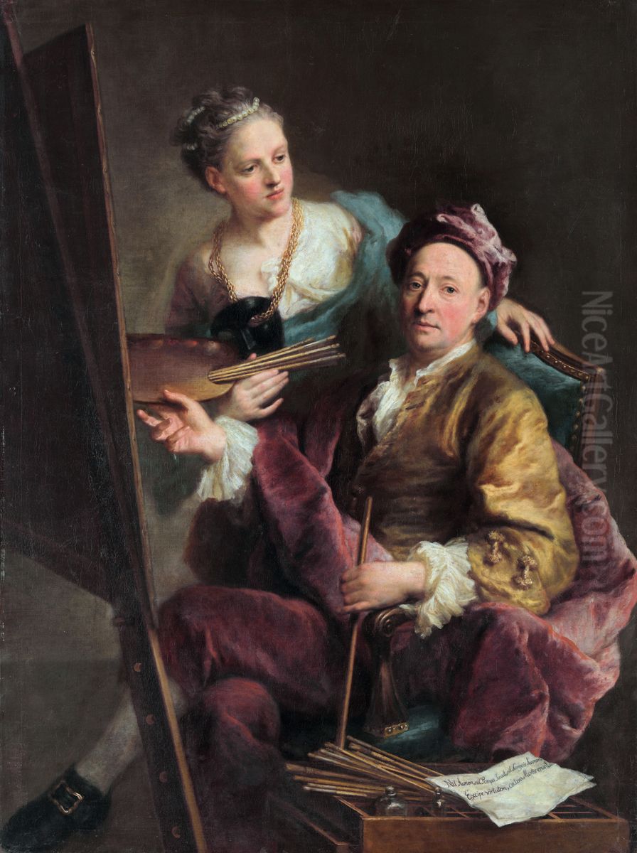 Self-portrait of the Artist with his Daughter Antonia Oil Painting by Georg Desmarees