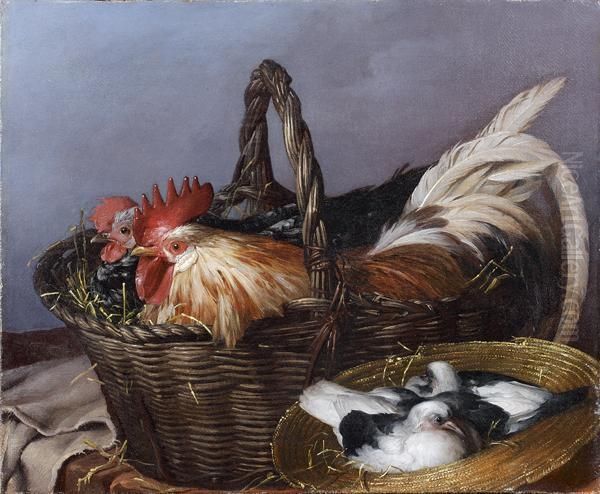 Un Coq Et Une Poule Dans Un Panier Et Des Pigeonneaux Dans UnChapeau De Paille Oil Painting by Giacomo Ceruti (Il Pitocchetto)